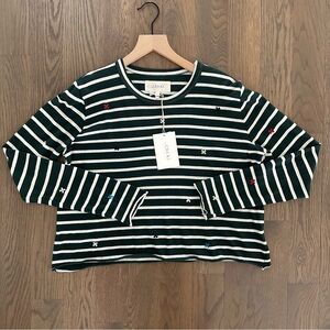 NWT The Great The Long Sleeve Crop Tee Emerald Stripe w/ Multi Folk Embroidery